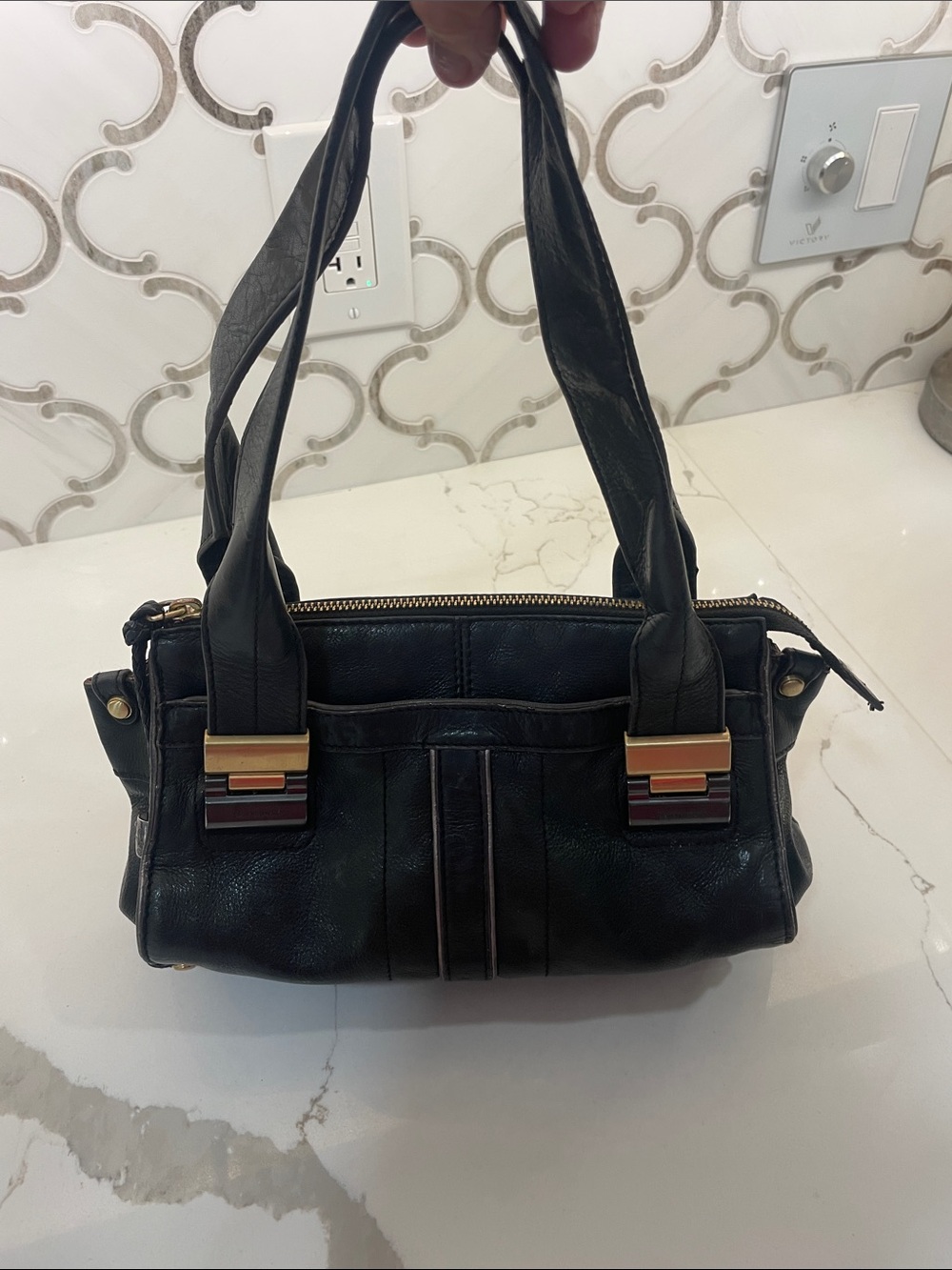 b. makowsky Black Leather Shoulder Bag with Gold Hardware - Picture 1 of 15